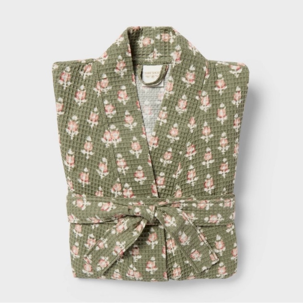 S/M Floral Waffle Bath Robe Green/Pink - Threshold - NWT
